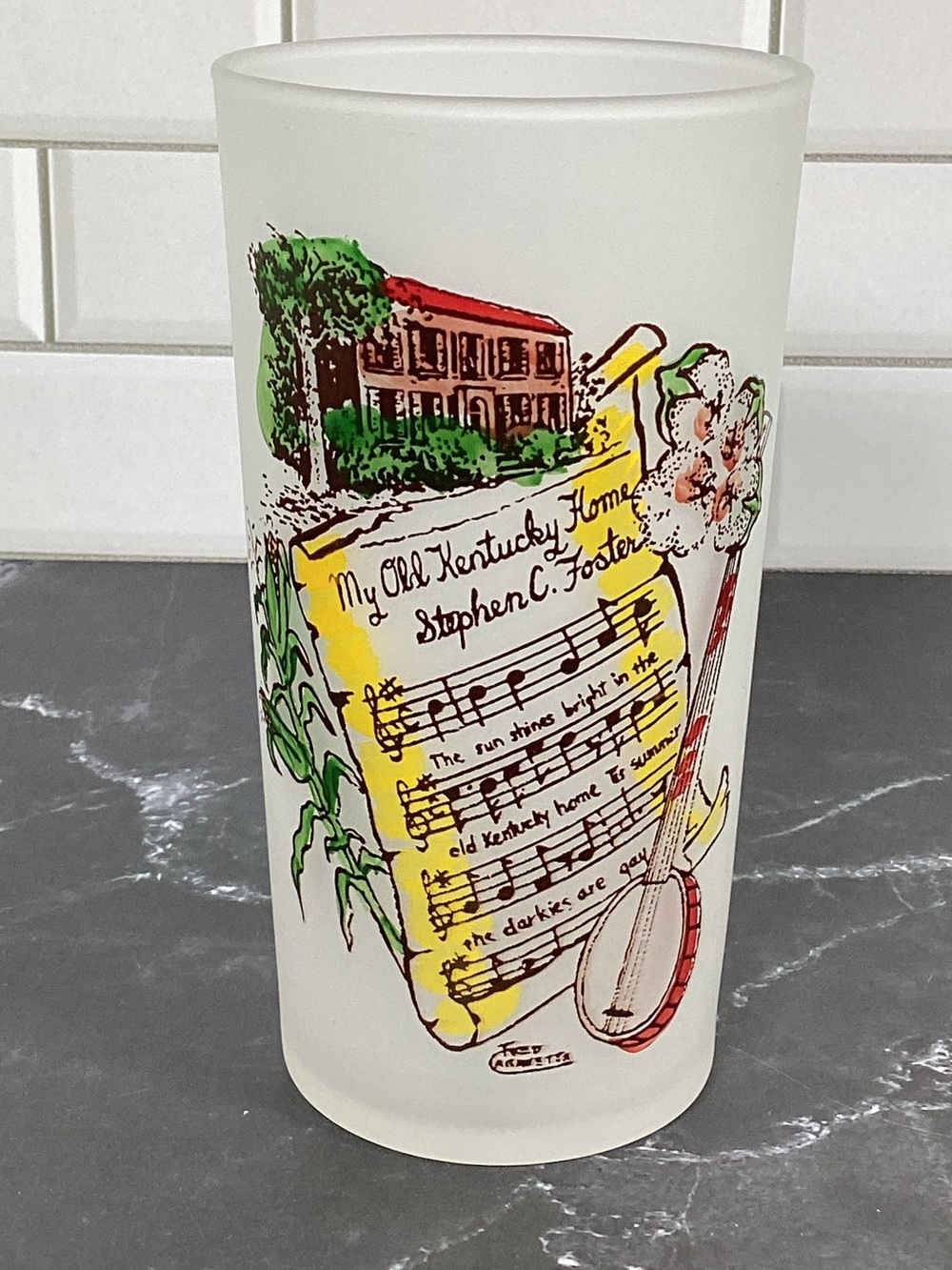 Vintage Federal Frosted Souvenir Drinking Glass My Old Kentucky Home